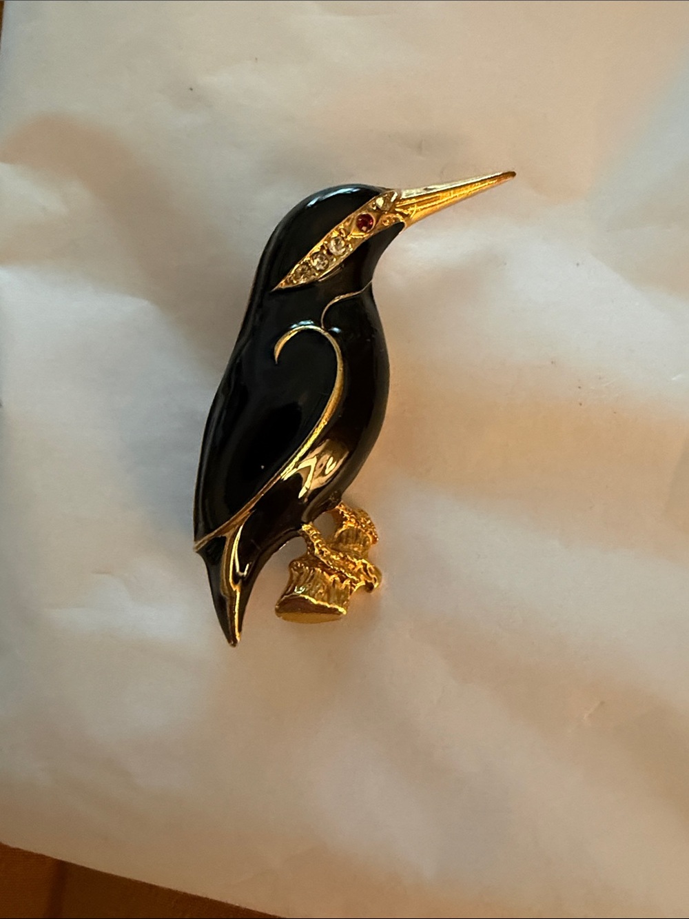 Gold-Tone Black Bird Brooch with Crystal Accents